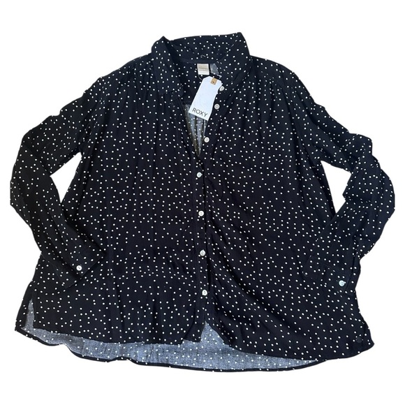 ROXY NWT polka-dot button down blouse – black/white, long sleeve, relaxed, sz M - Picture 2 of 8